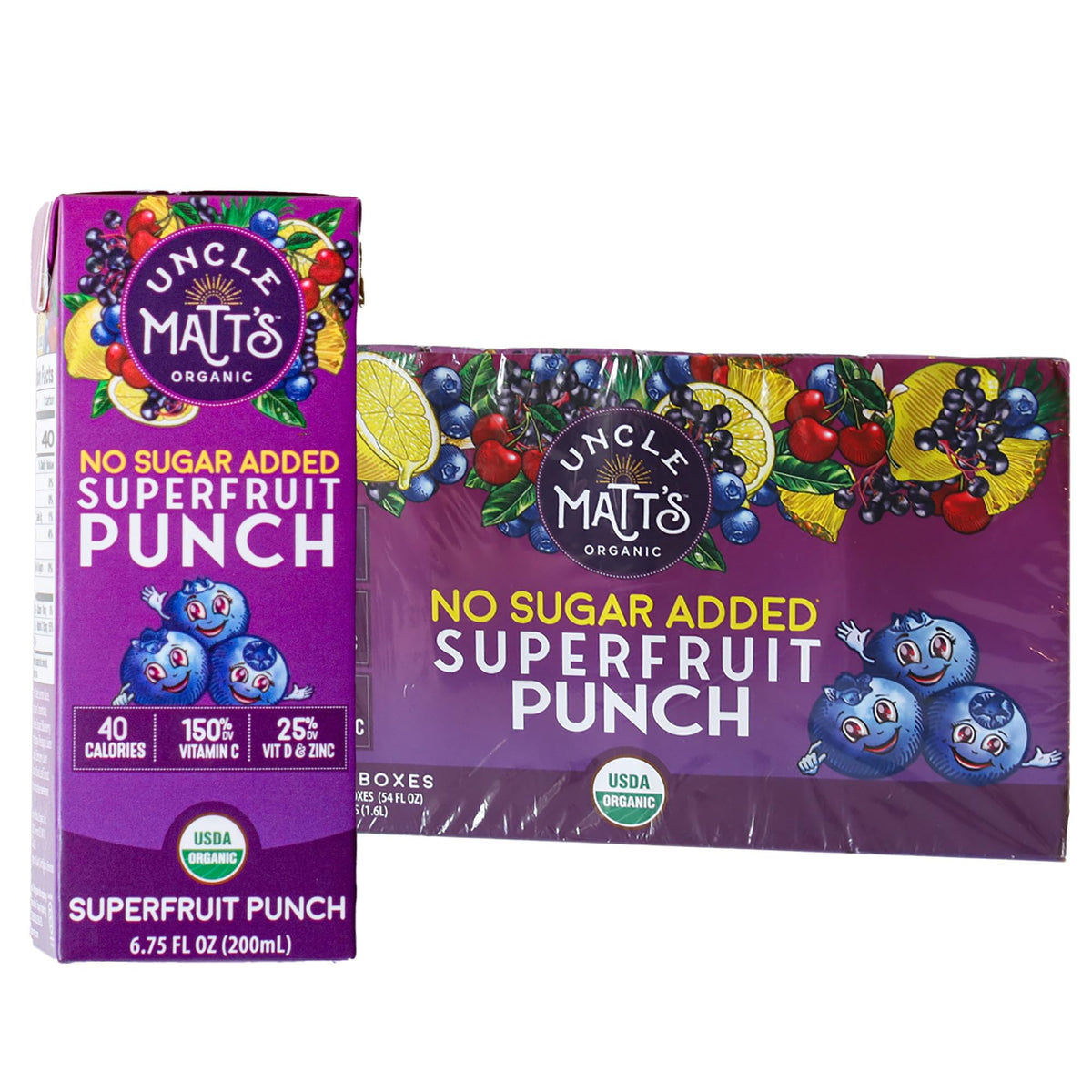 Uncle Matt's Organic juice boxes in 32-pack, front view for lunchboxes