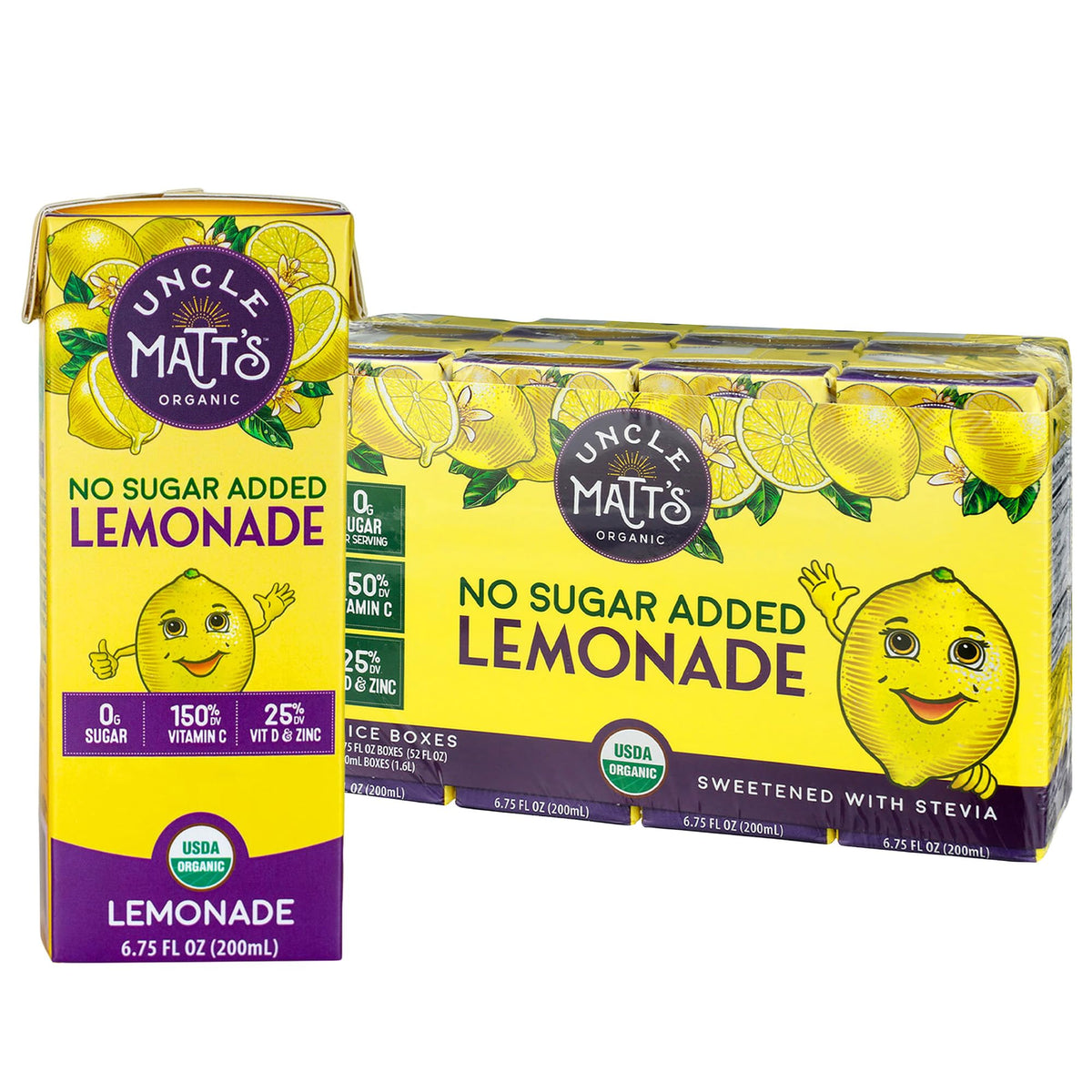 Uncle Matt's Organic Lemonade box closeup showing no sugar added for a lighter kid-friendly sip