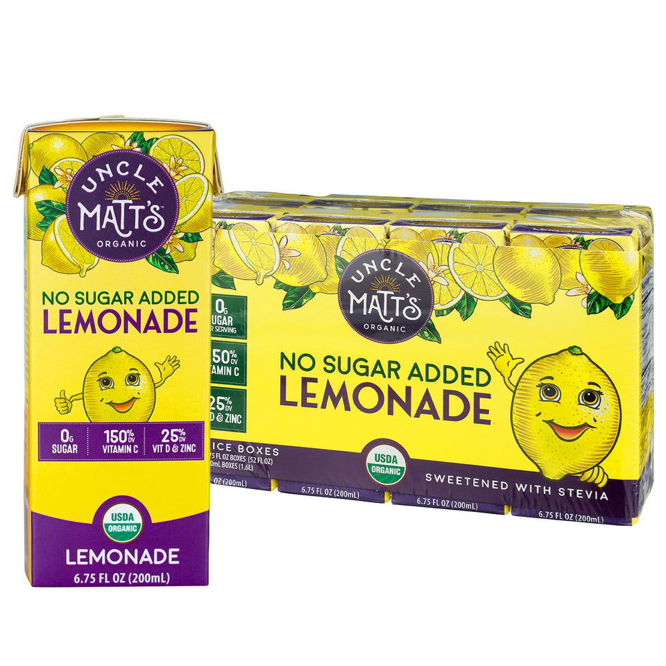 Uncle Matt's Organic Lemonade box closeup showing no sugar added for a lighter kid-friendly sip