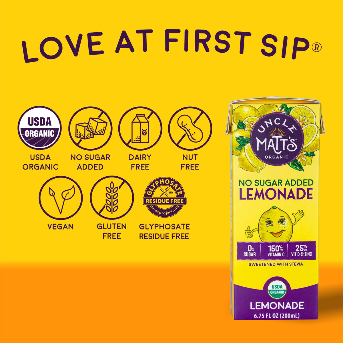 USDA Organic label and glyphosate-free certification on the lemonade box