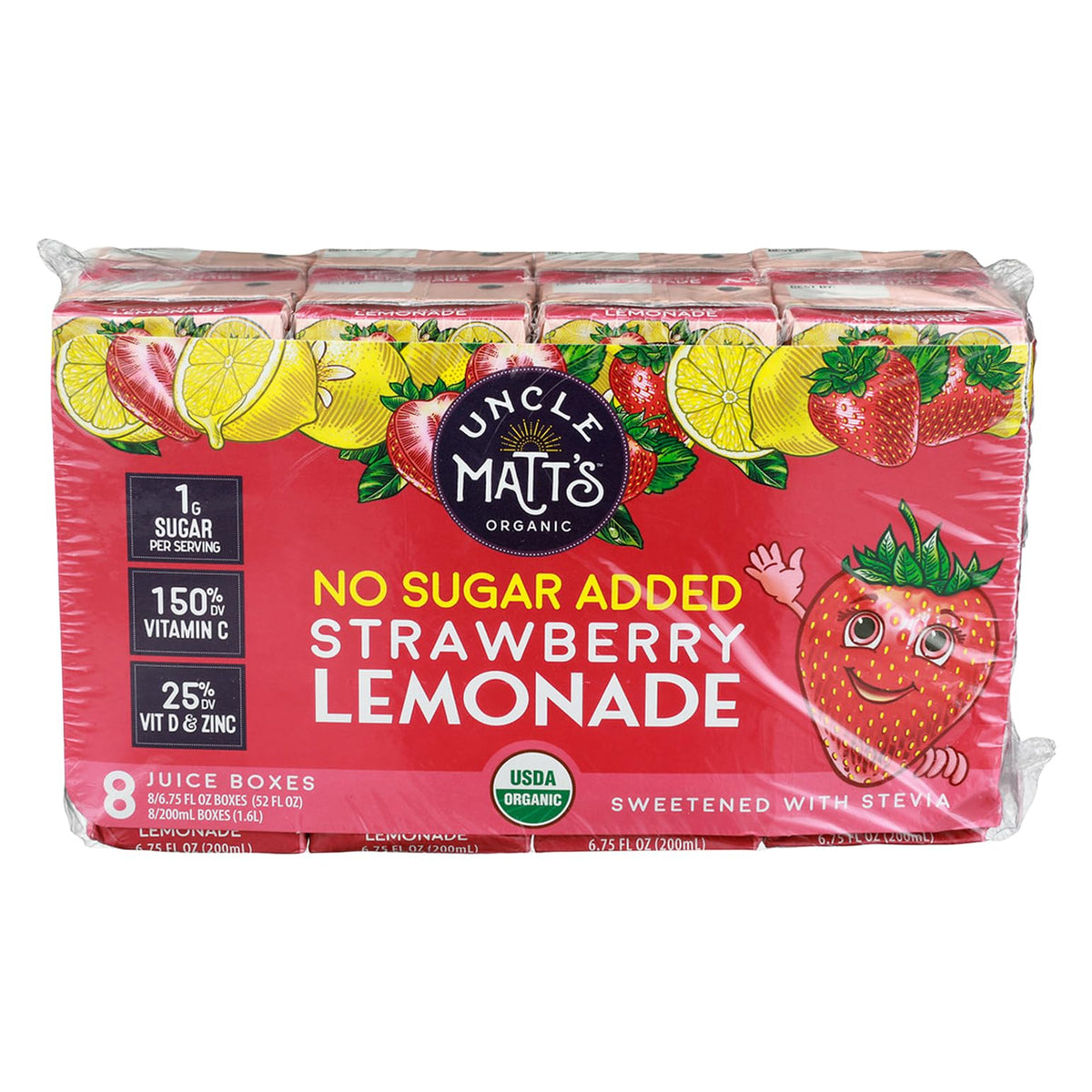 Uncle Matts Strawberry Lemon Organic Juice Box, bright packaging for lunchboxes.