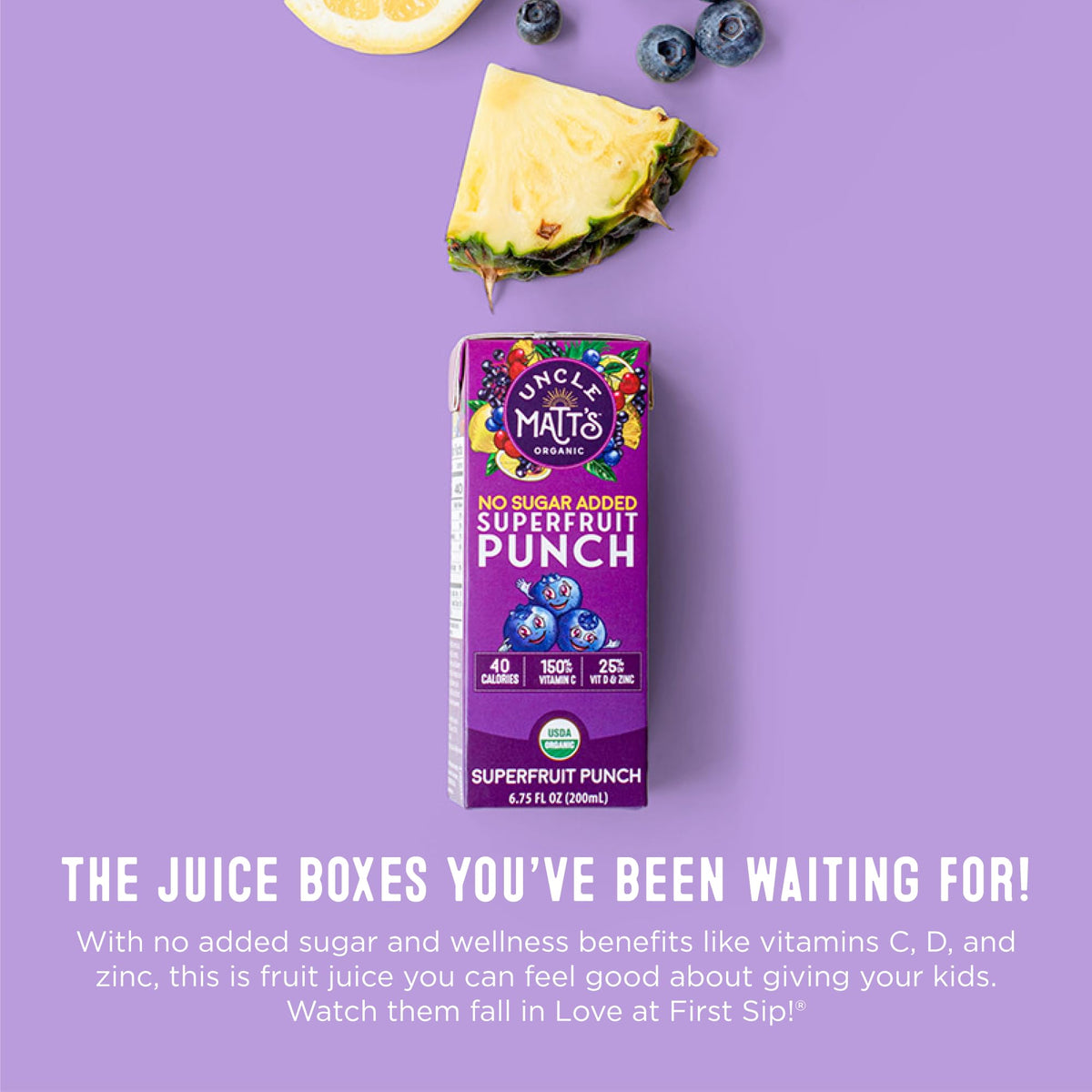 Uncle Matt's juice box label highlighting vitamins C, D, and zinc