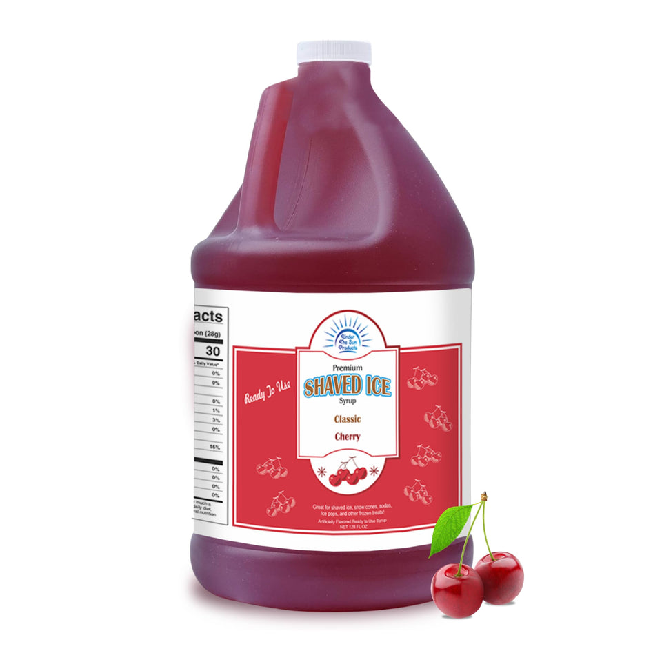 Under the Sun Cherry Snow Cone Syrup bottle pour, delivering bold cherry flavor for snow cones