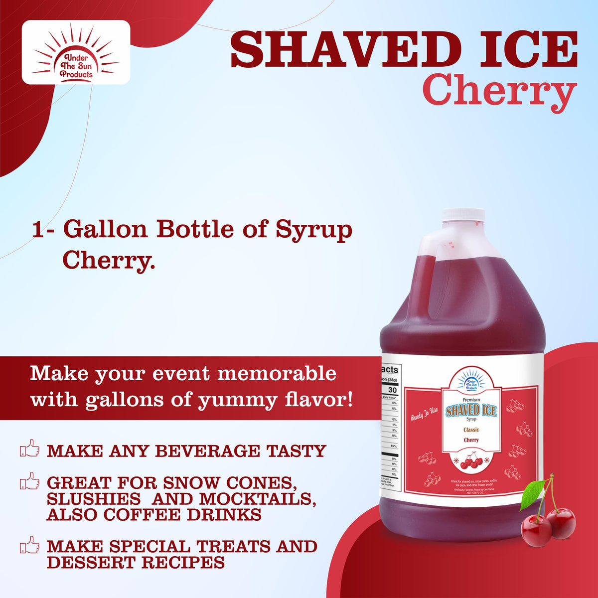 Under the Sun Cherry Snow Cone Syrup label highlights USA-made quality