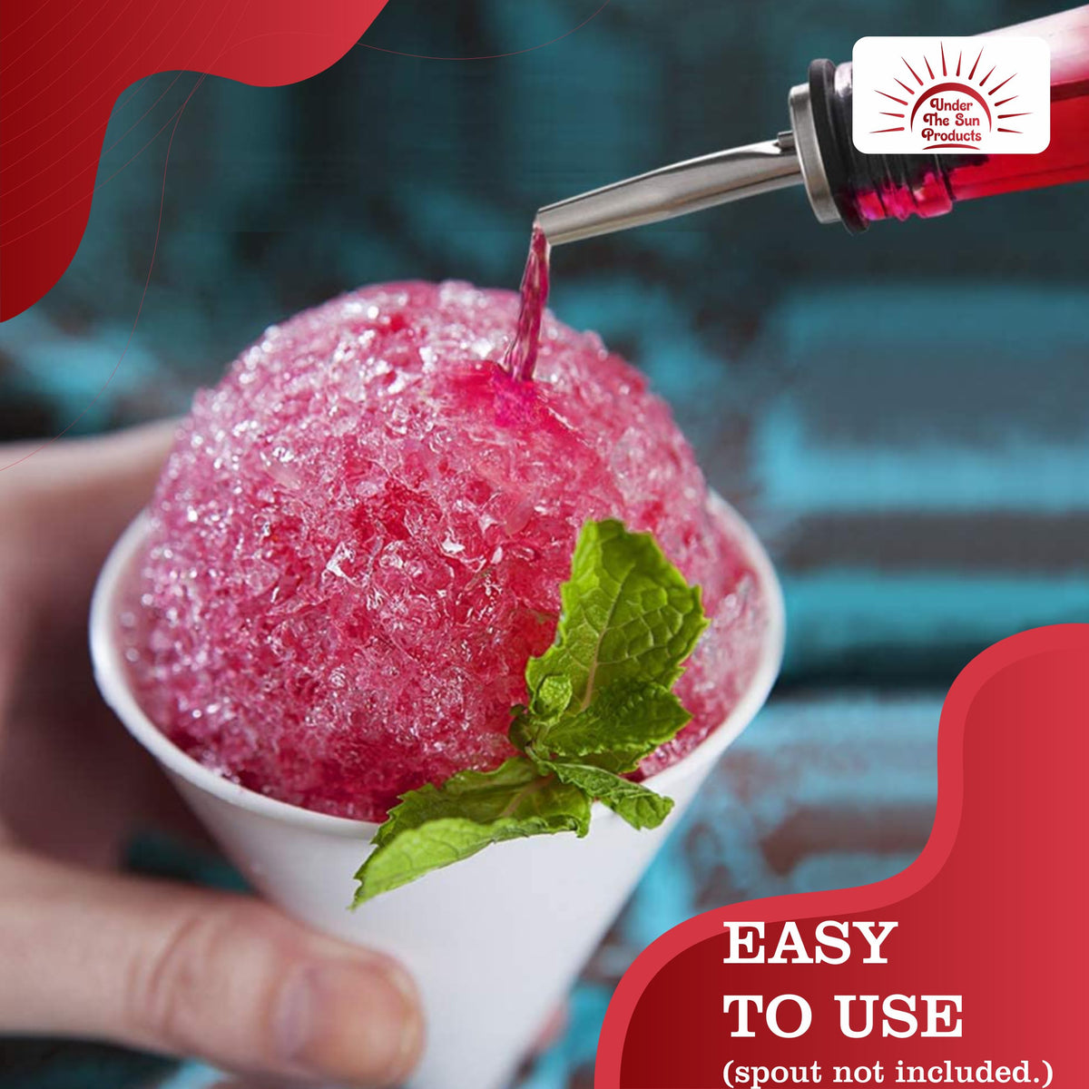 Under the Sun Cherry Snow Cone Syrup pour stream adds vibrant color to treats