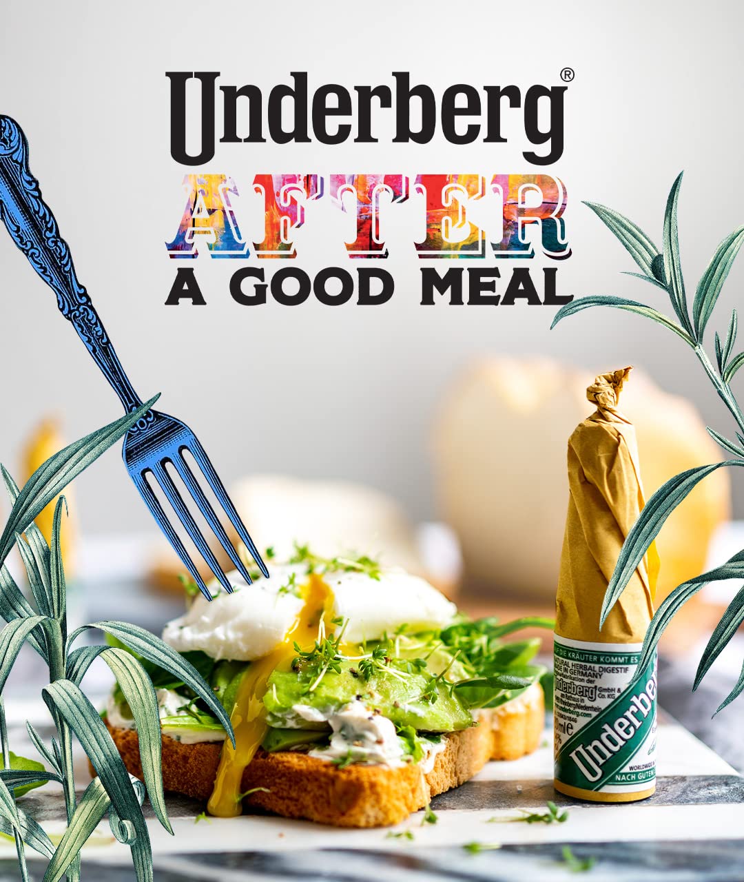 Underberg bottle emphasized as gluten-free, sugar-free, GMO-free, and kosher.