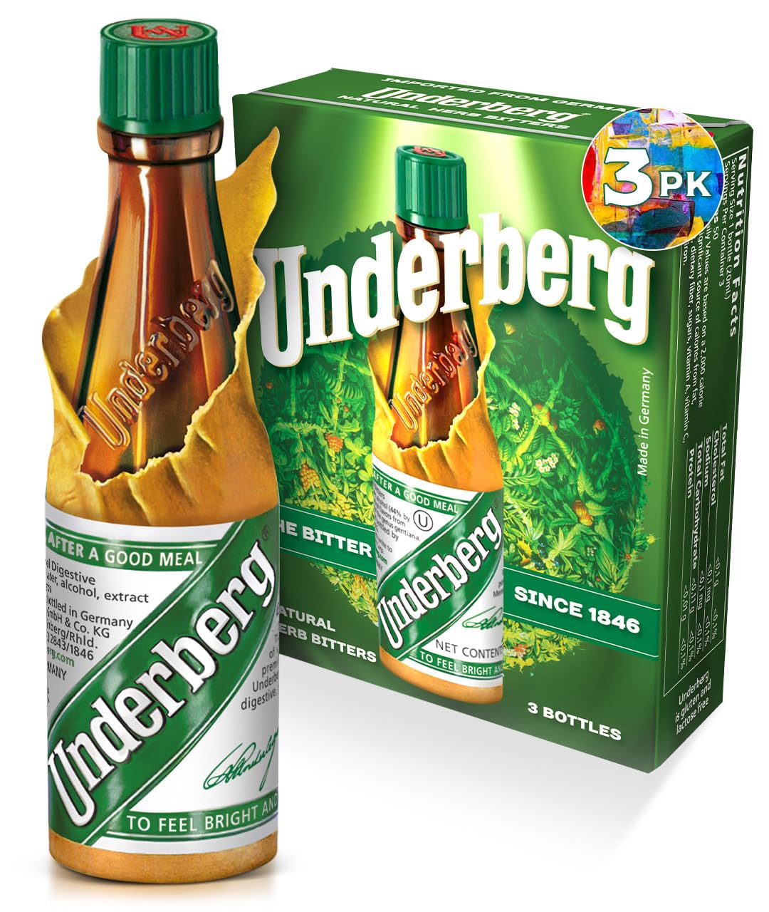 Underberg natural herb bitters bottle close-up, highlighting a convenient post-meal ritual.