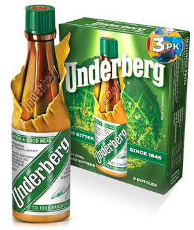 Underberg natural herb bitters bottle close-up, highlighting a convenient post-meal ritual.