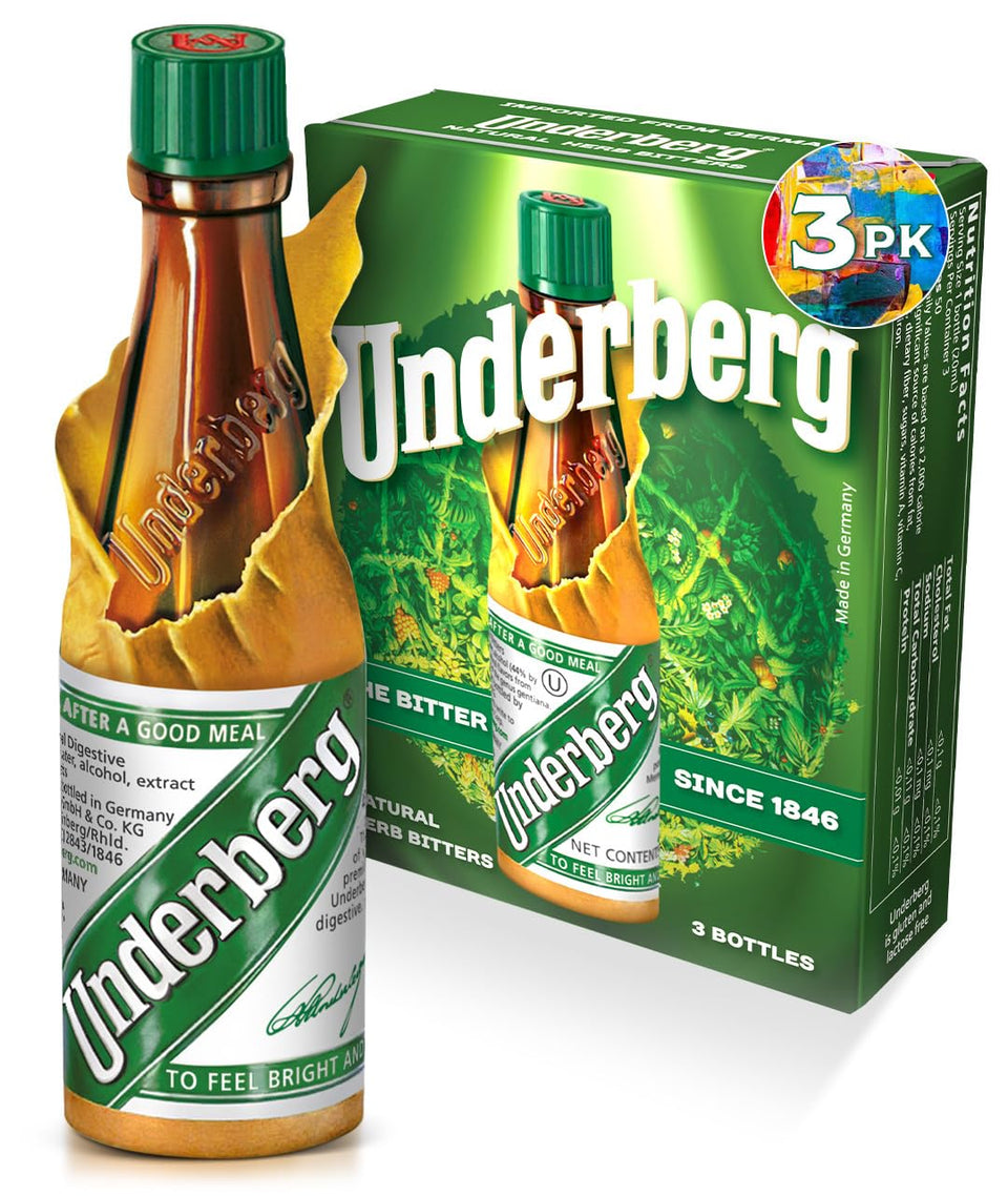 Underberg natural herb bitters bottle close-up, highlighting a convenient post-meal ritual.