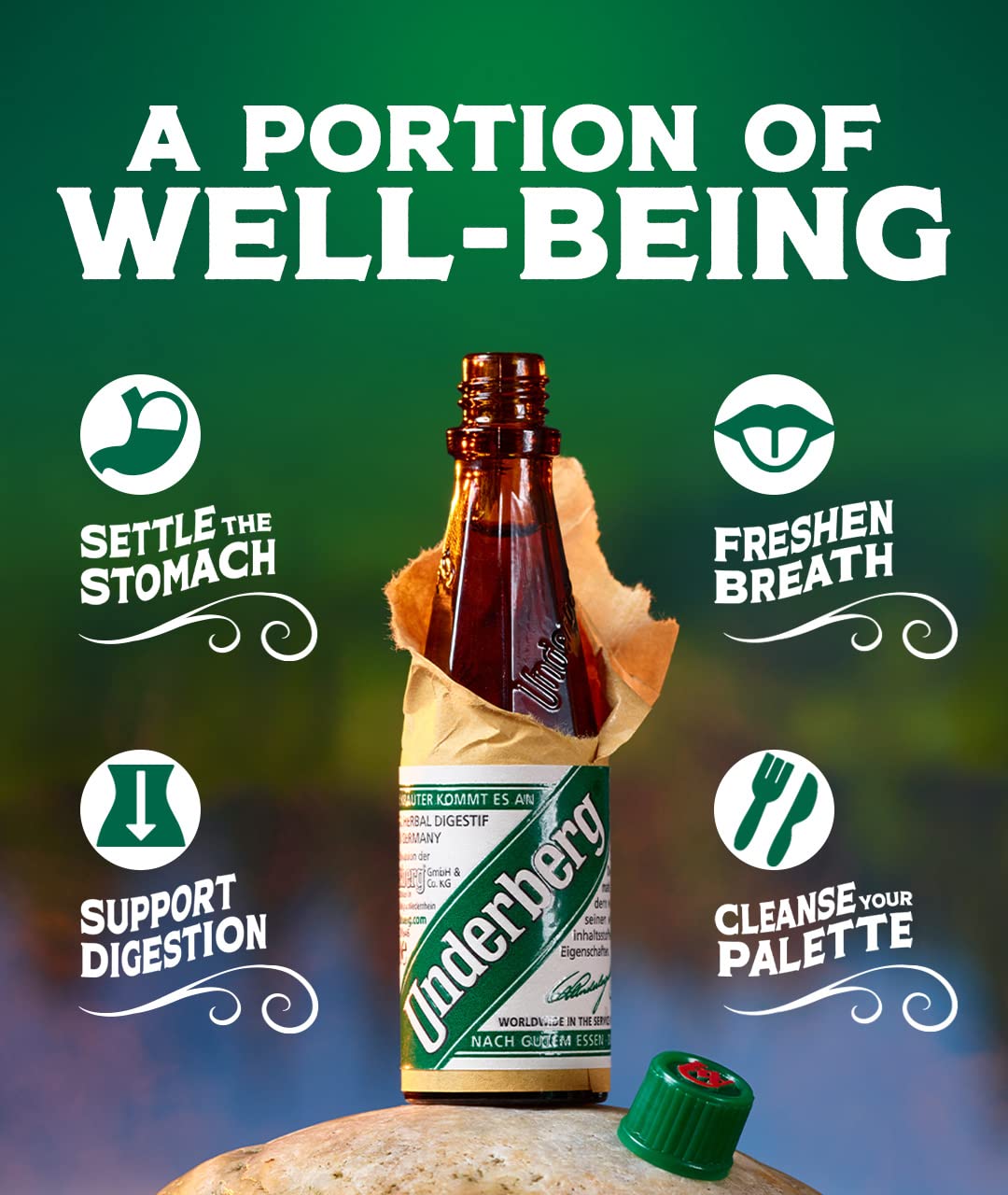 Underberg 3pk portion-size bottles wrapped in straw-paper for on-the-go digestion moments.