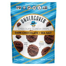 Undercover Chocolate Quinoa Crisps pack shot with dark chocolate and sea salt, a gluten-free snack option.