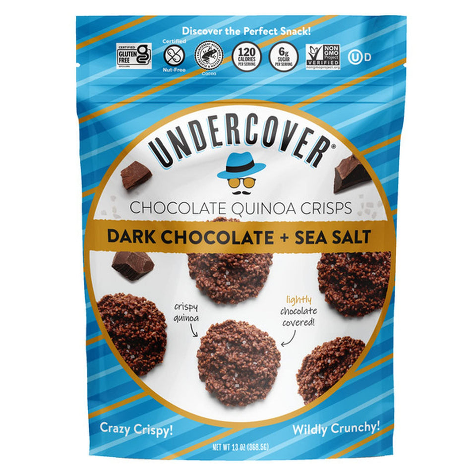 Undercover Chocolate Quinoa Crisps pack shot with dark chocolate and sea salt, a gluten-free snack option.