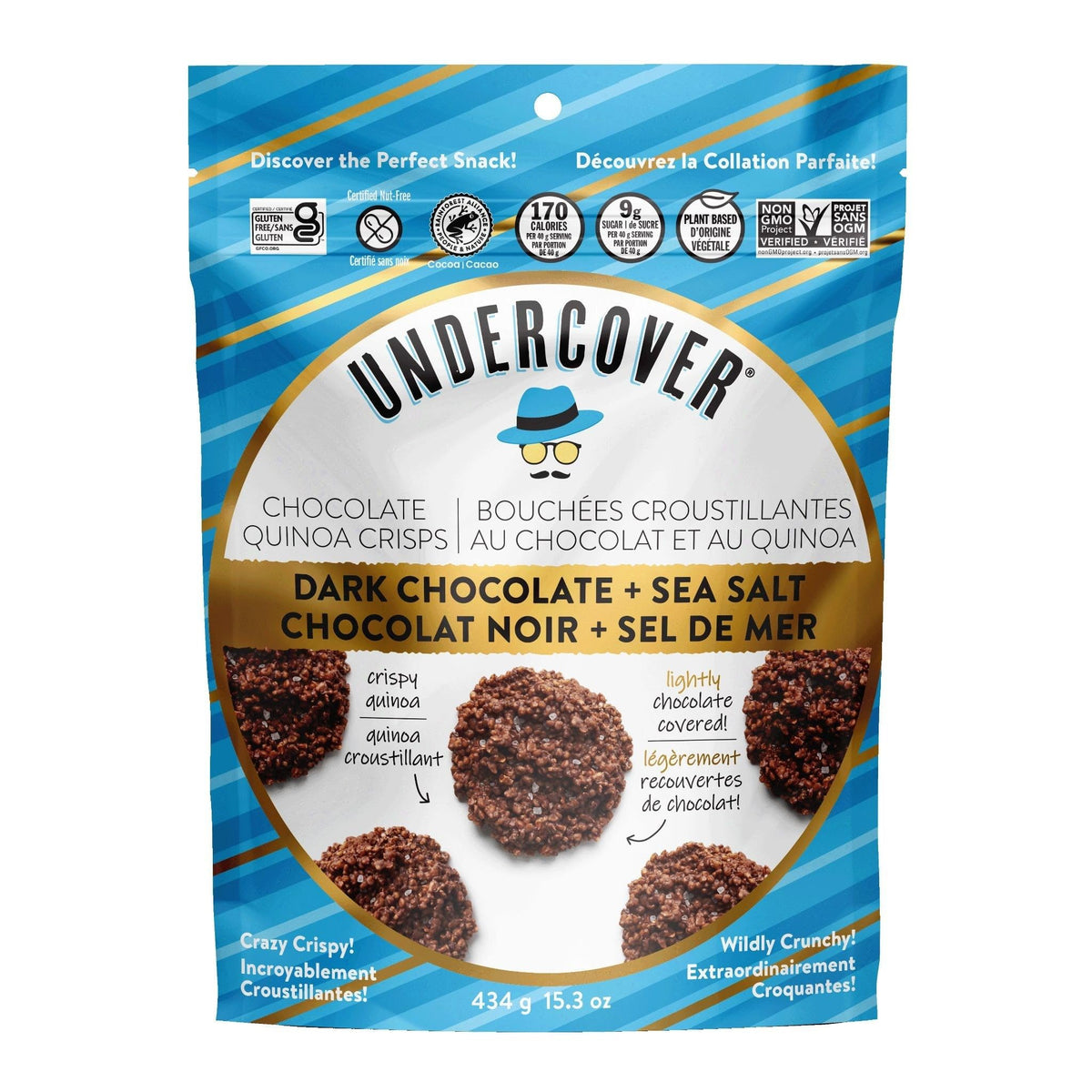 Undercover Chocolate Quinoa Crisps pack image highlighting a protein-rich, on-the-go snack.