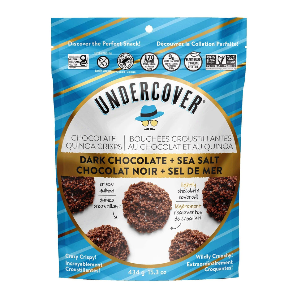 Undercover Chocolate Quinoa Crisps pack image highlighting a protein-rich, on-the-go snack.