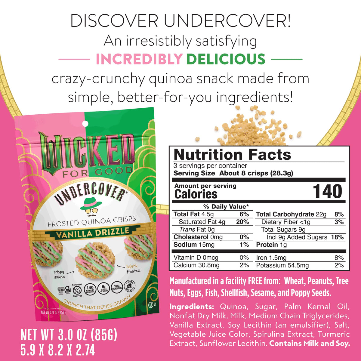Undercover Snacks lunchbox-ready vanilla quinoa crisps – convenient 3 oz portion.