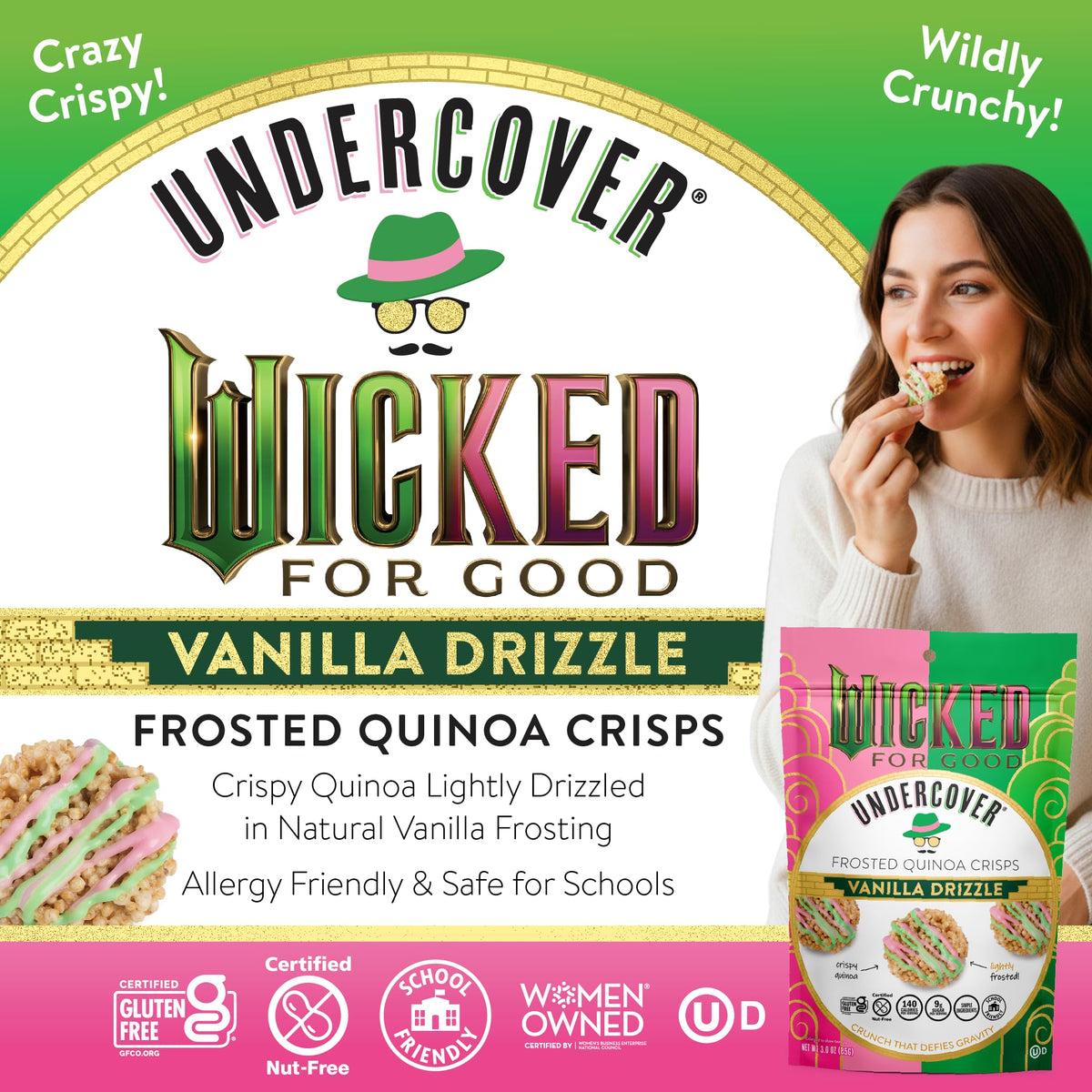 Undercover Snacks pink-green drizzle close-up – vanilla quinoa crisps with a playful frosting.