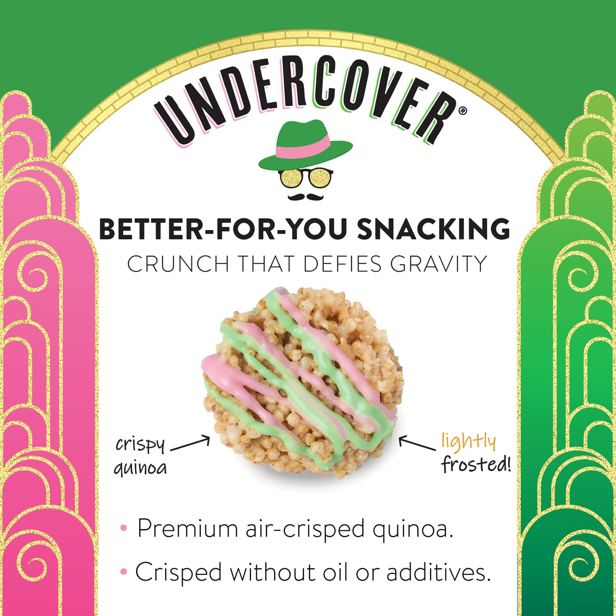 Undercover Snacks puffed quinoa crisps close-up – light, crunchy texture and bold vanilla flavor.