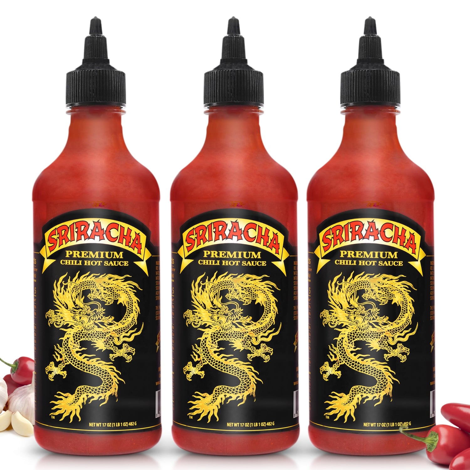 Underwood Ranches Dragon Sriracha bottle close-up shows bold heat and iconic pepper flavor.