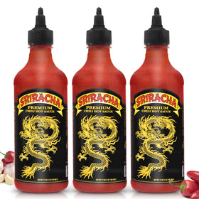 Underwood Ranches Dragon Sriracha bottle close-up shows bold heat and iconic pepper flavor.