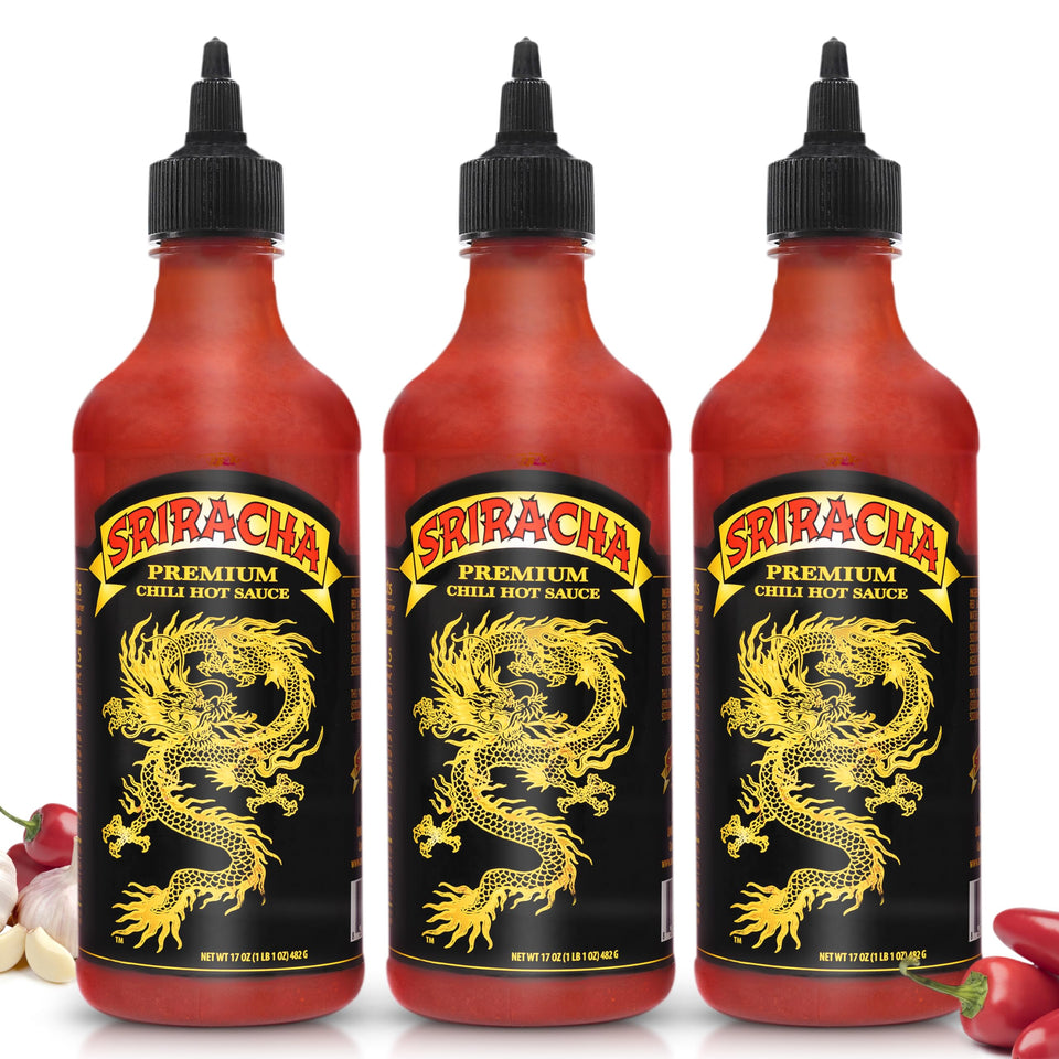 Underwood Ranches Dragon Sriracha bottle close-up shows bold heat and iconic pepper flavor.