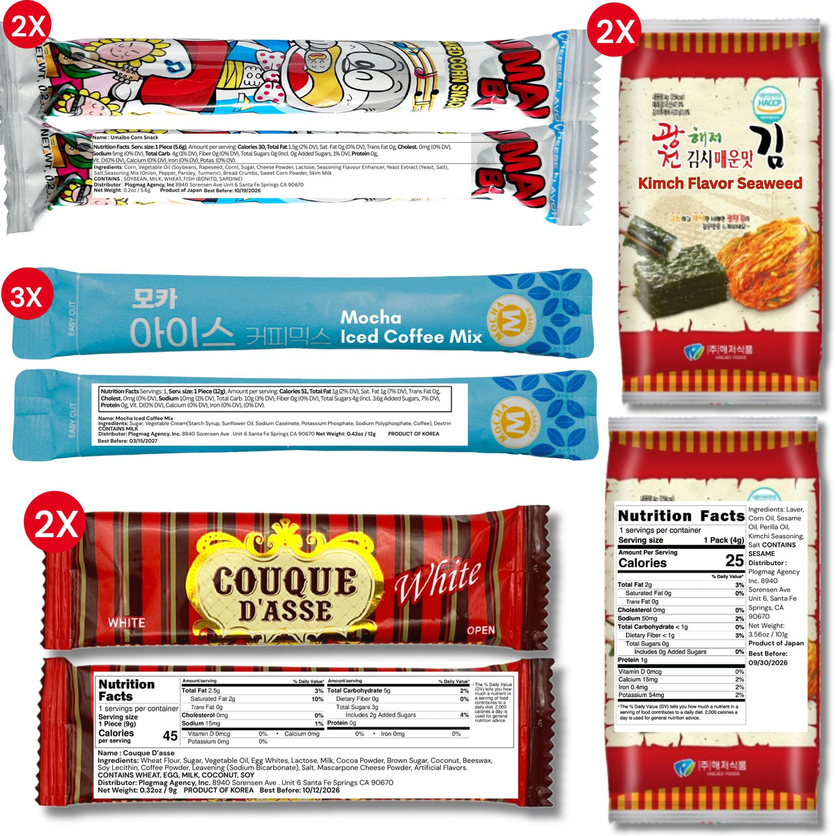 UNHA'S ASIAN SNACK BOX contents shown with packaging for easy distribution.