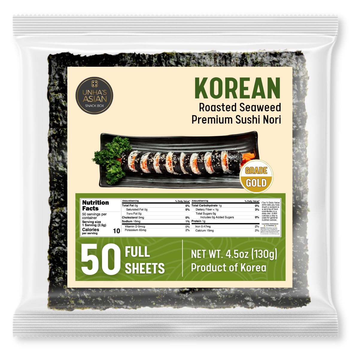 UNHA'S ASIAN SNACK BOX gold-grade nori in pouch for easy sushi prep.