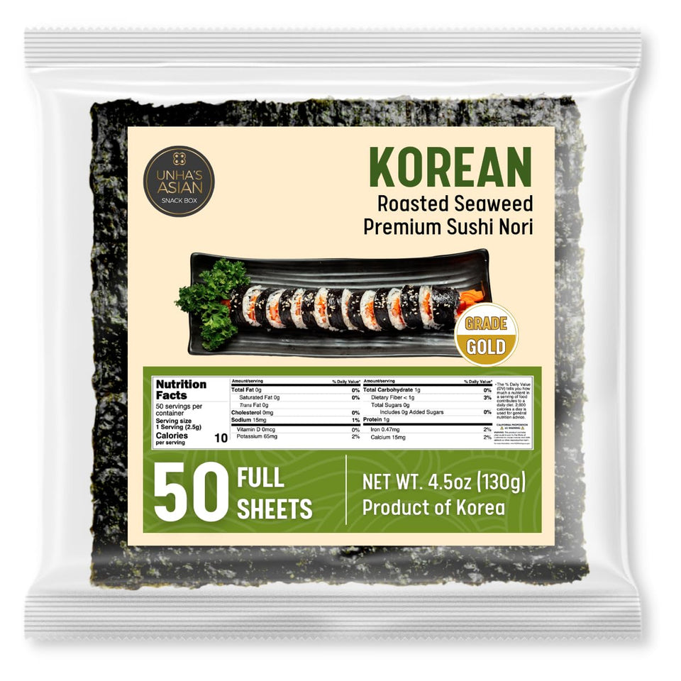 UNHA'S ASIAN SNACK BOX gold-grade nori in pouch for easy sushi prep.
