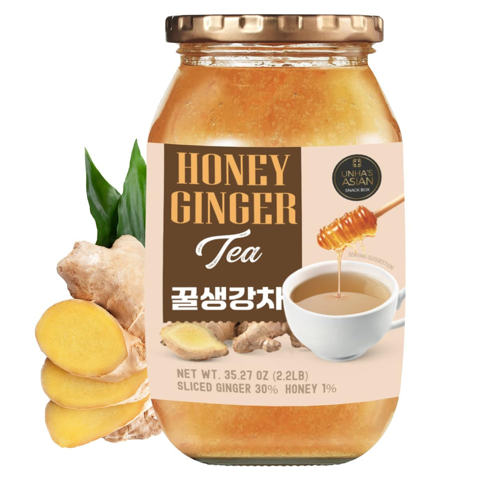 UNHA'S ASIAN SNACK BOX Korean honey ginger tea jar ready to brew hot or cold.