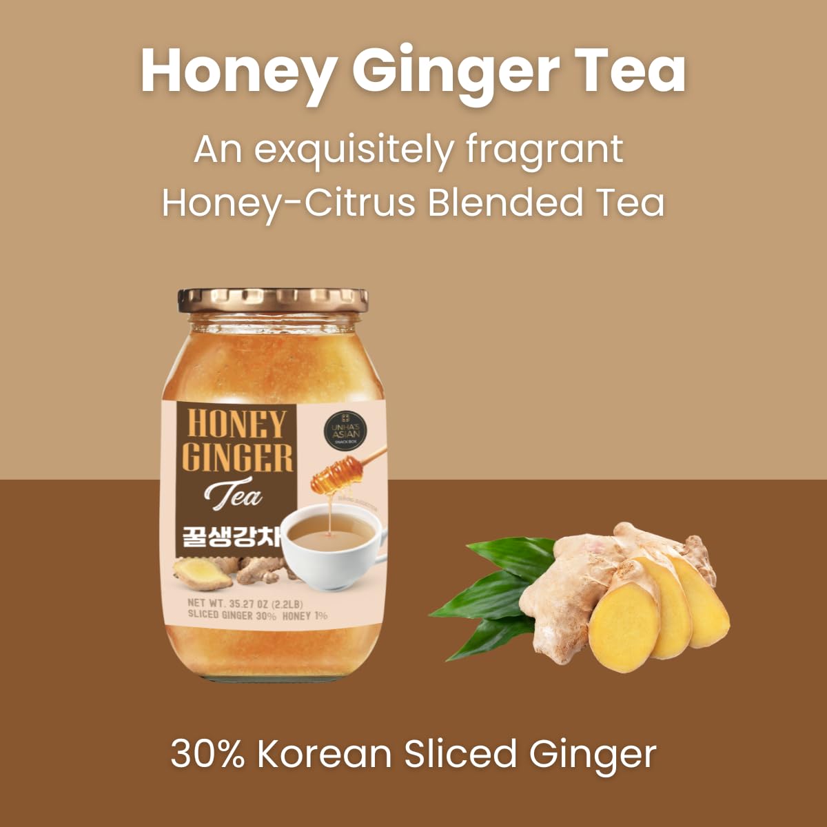 Real honey swirl on ginger slices inside UNHA'S jar.