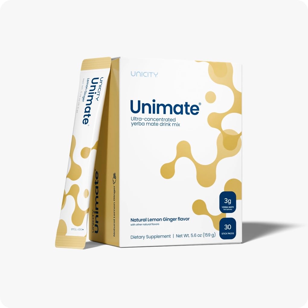Unicity Unimate Lemon Ginger stick-pack box showing 30 packets for easy energy on the go