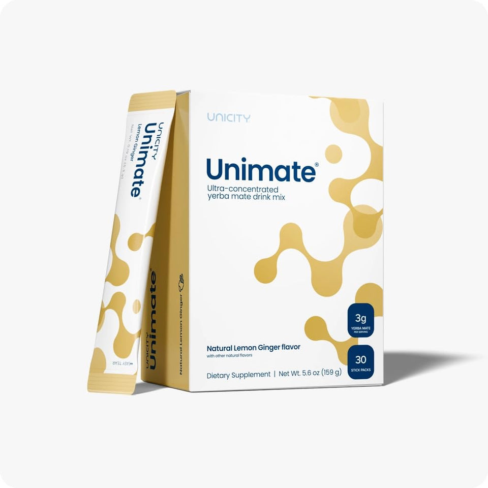 Unicity Unimate Lemon Ginger stick-pack box showing 30 packets for easy energy on the go