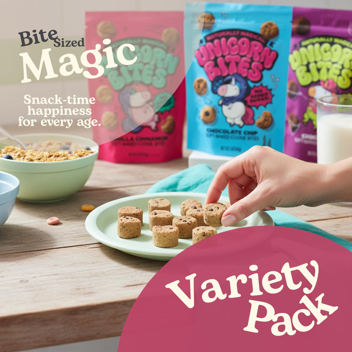 Unicorn Bites chocolate chip mini cookies pack highlights soft-baked texture for tasty, kid-friendly snacks.