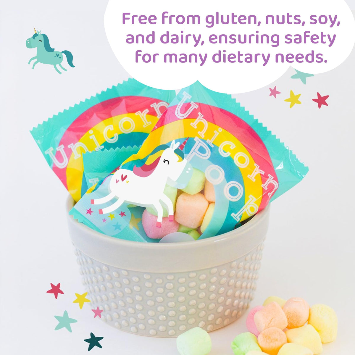 Unicornucopia Unicorn Poop Candy bulk display makes party setup easy.