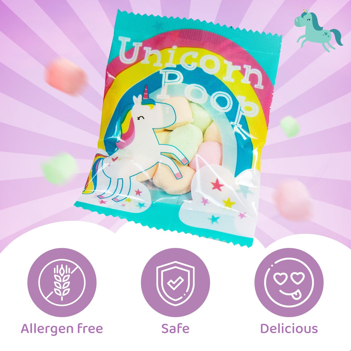 Children at a party table enjoy Unicorn Poop Candy in colorful pieces.