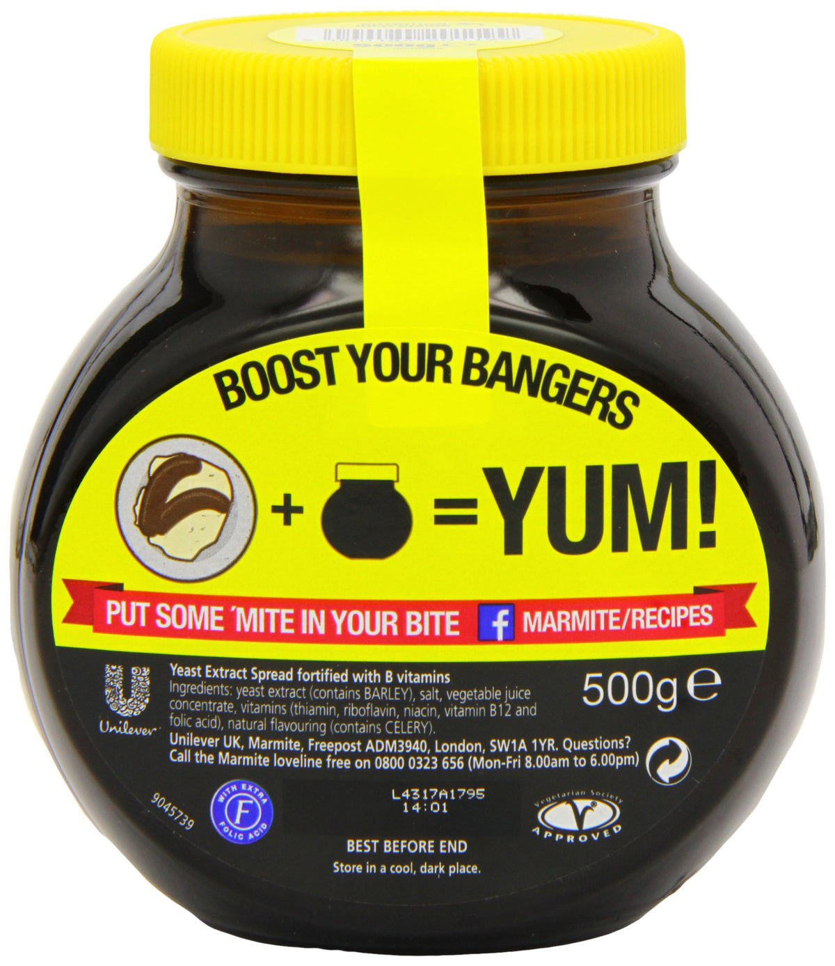 Unilever Marmite yeast extract 500g spread on toast for a vegetarian-friendly flavor.