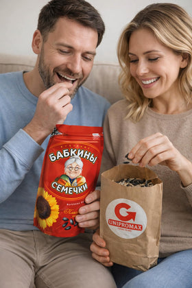 Eight 500g Babkiny seed packs designed for freshness and portioning.