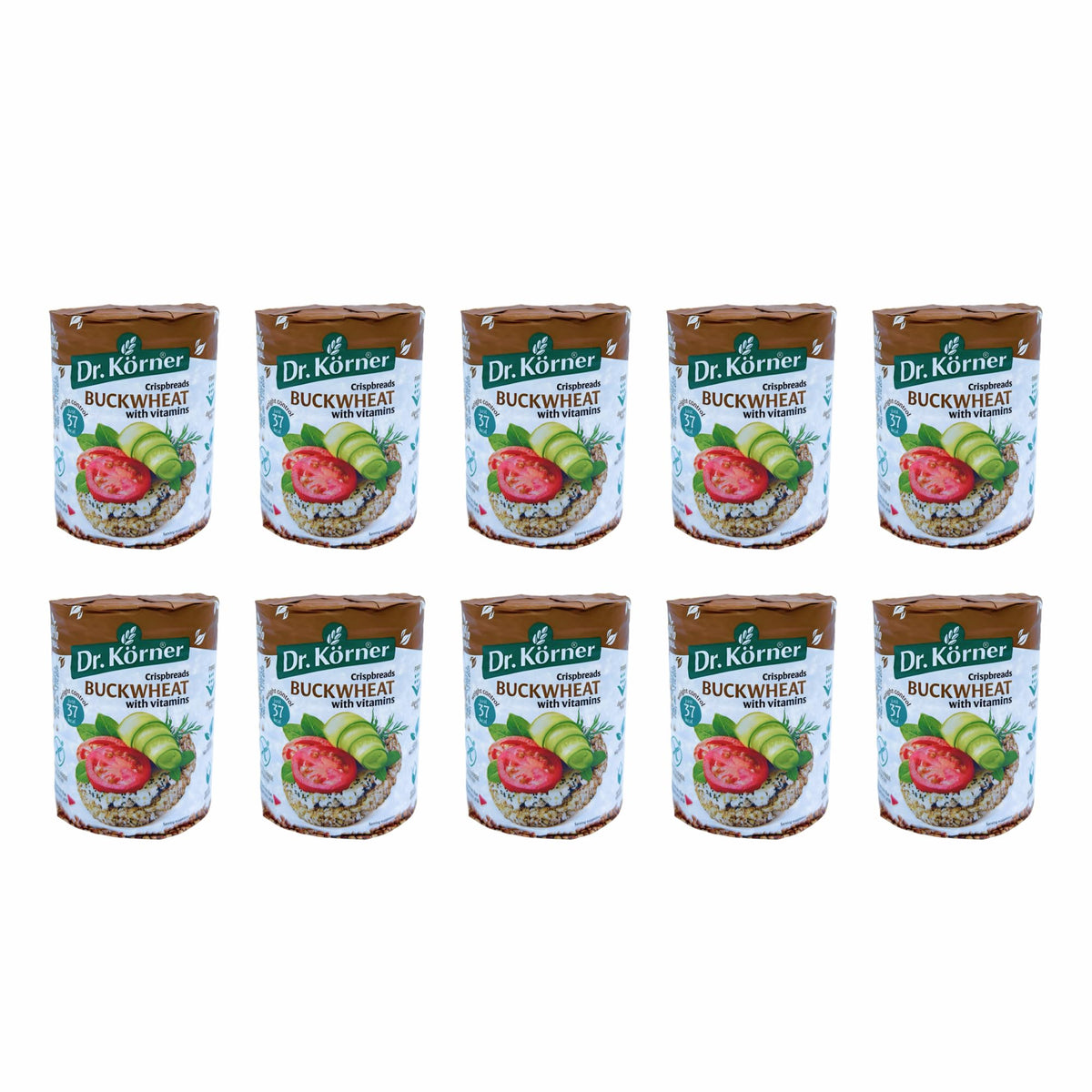 Unipromax Dr. Körner Buckwheat Crispbreads 10-pack box, crisp and convenient for on-the-go snacking.