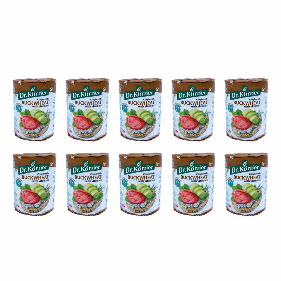 Unipromax Dr. Körner Buckwheat Crispbreads 10-pack box, crisp and convenient for on-the-go snacking.