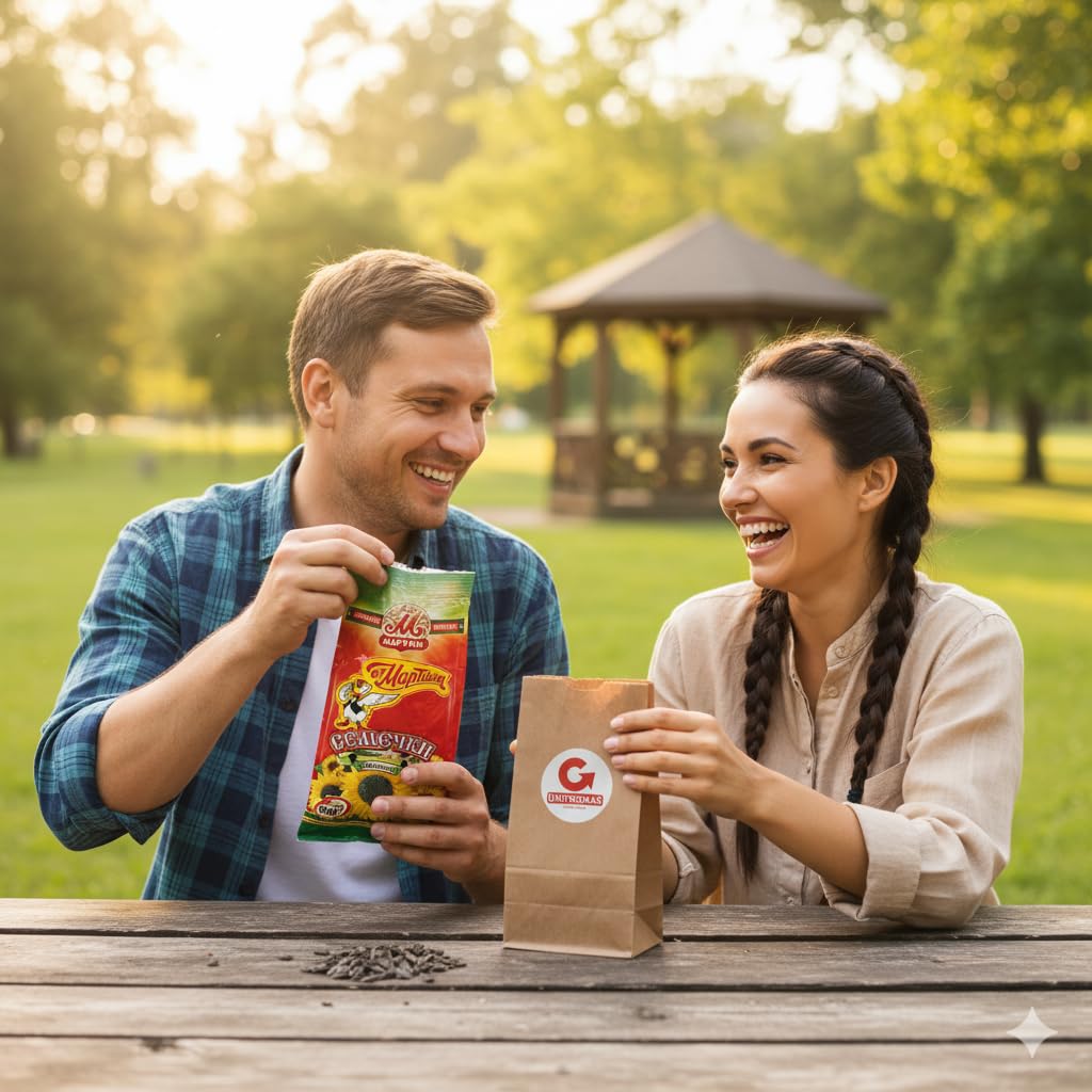 Unipromax paper bags for husks disposal shown with seeds for eco-friendly snacking.
