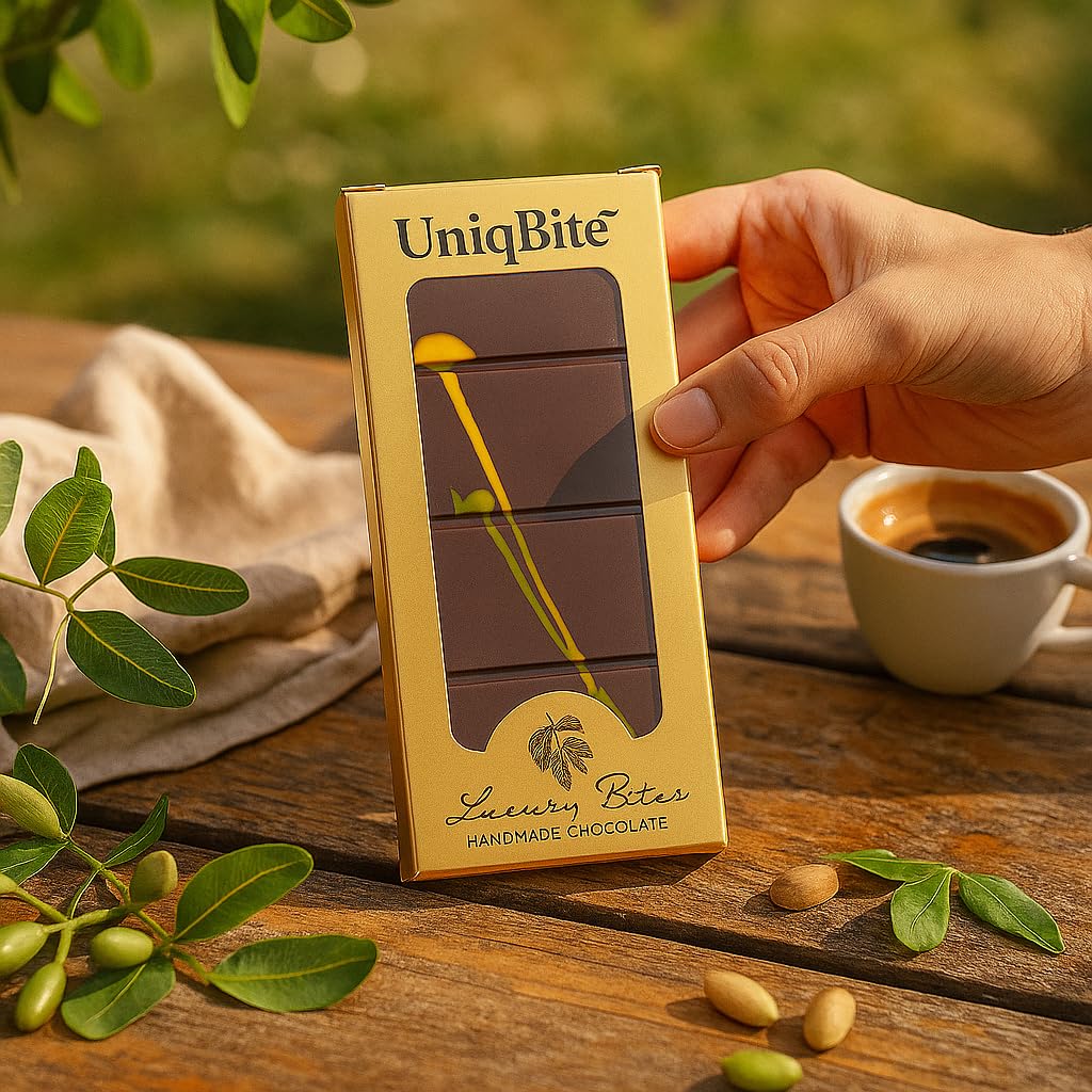 UNIQBITE Dubai Chocolate Bar artisanal ingredients, refined chocolate craft.