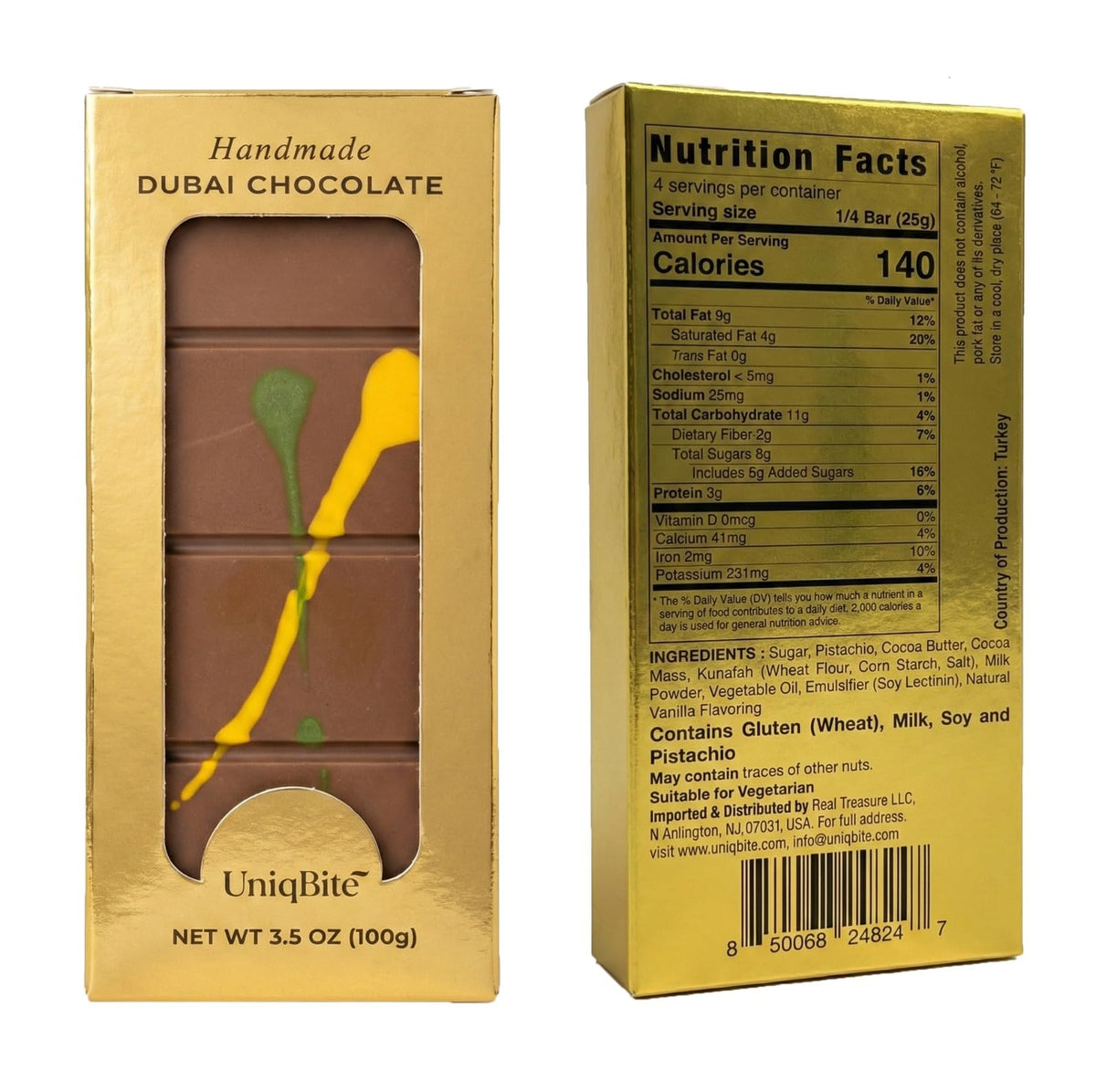 UNIQBITE Dubai Chocolate Bar showing kataifi texture, adds crunchy contrast.