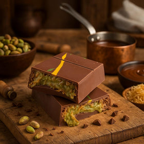 UNIQBITE Dubai Chocolate Bar pistachio cream cross-section reveals layers.