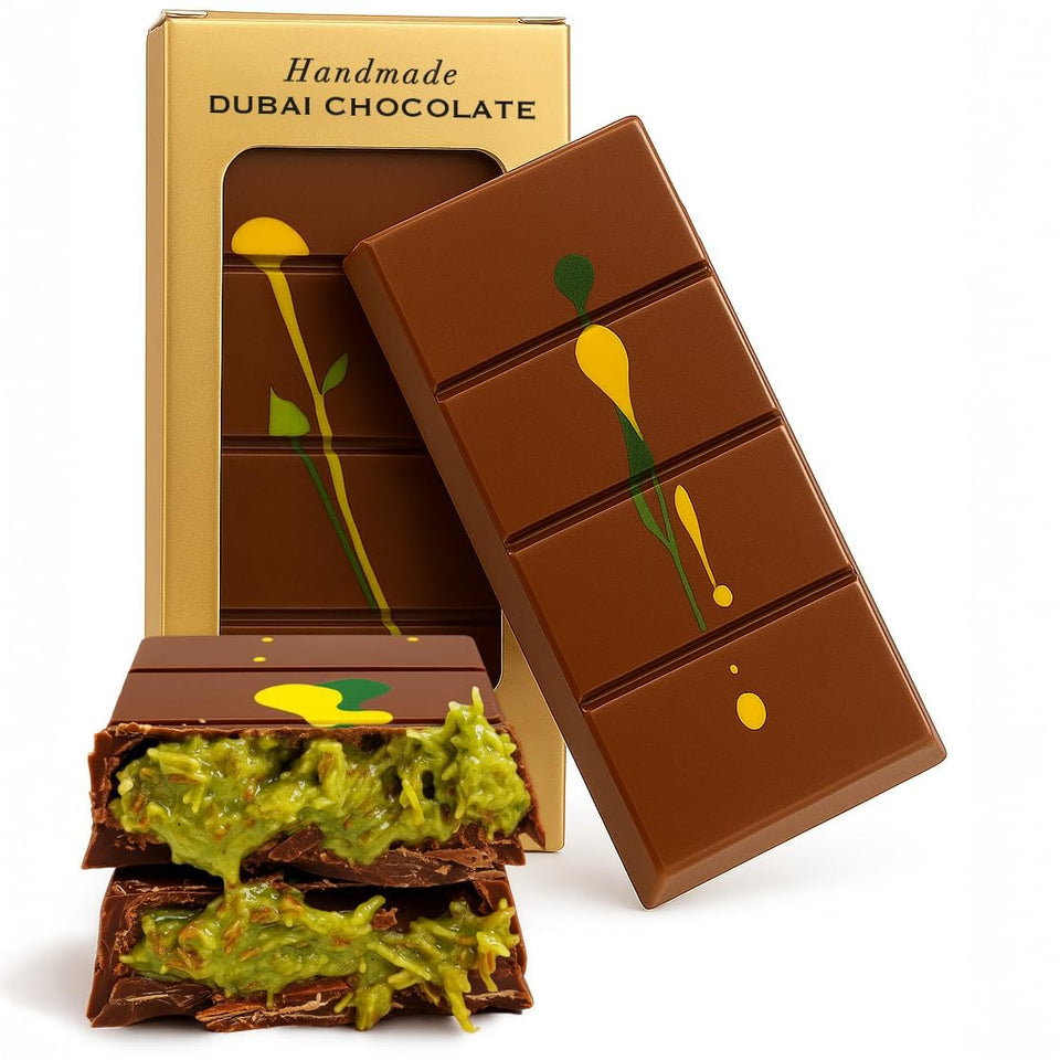 UNIQBITE Dubai Chocolate Bar with pistachio cream close-up, premium dessert experience.