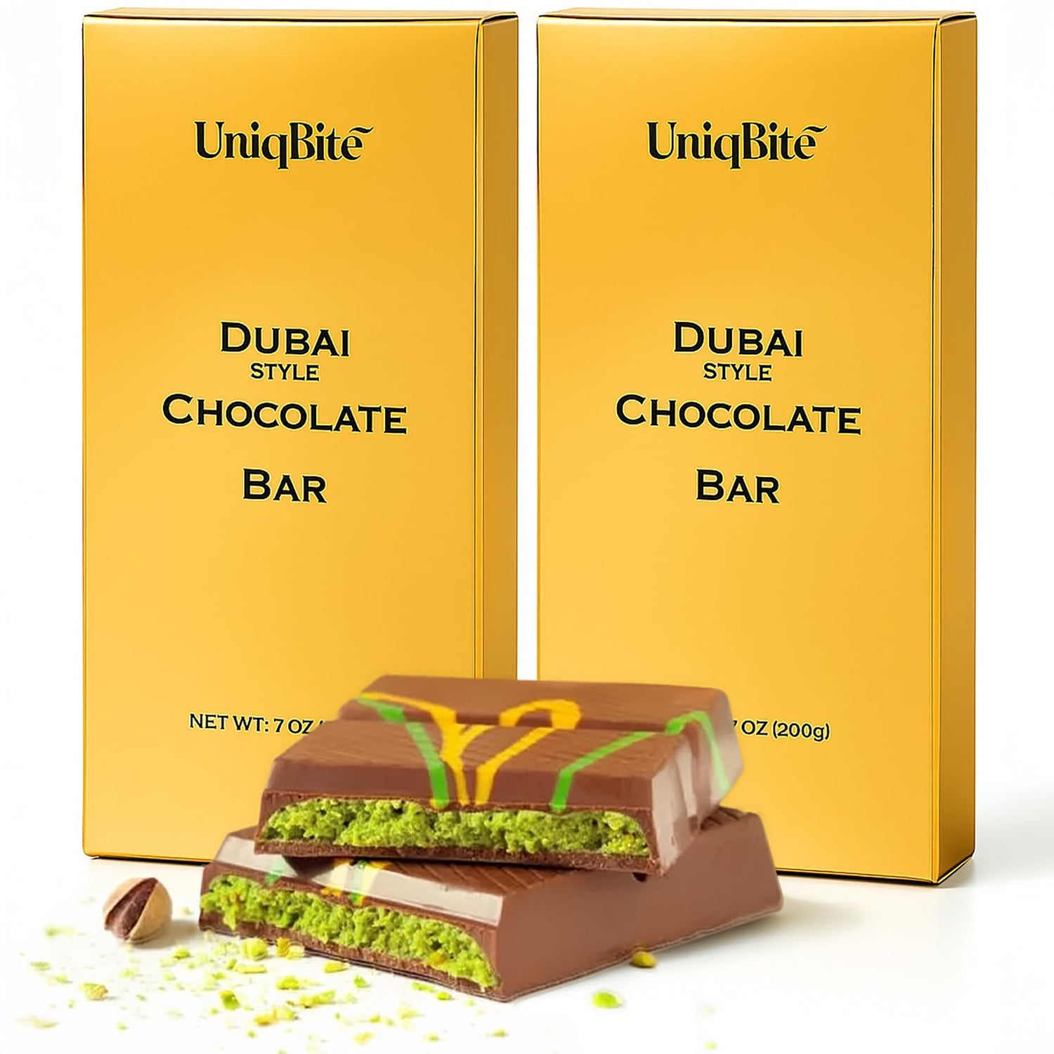 UNIQBITE Dubai chocolate bar with pistachio cream offers smooth richness.