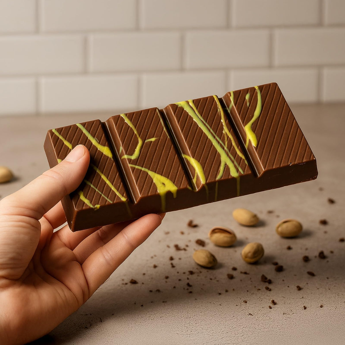 UniqBite Dubai chocolate bar on tasting board for serving.