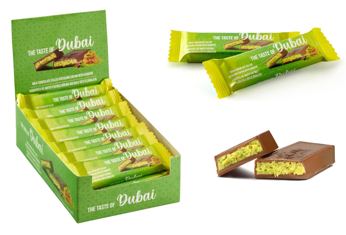 UNIQBITE Mini Dubai Pistachio bar in a pack, top view emphasizing premium packaging for gifting