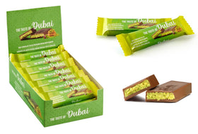 UNIQBITE Mini Dubai Pistachio bar in a pack, top view emphasizing premium packaging for gifting