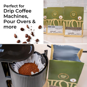 Unique Coffee Roasters Belgian Chocolate ground coffee brewing setup for home use
