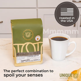 Unique Coffee Roasters Belgian Chocolate ground coffee beans showcase Arabica quality