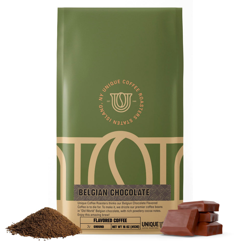 Unique Coffee Roasters Belgian Chocolate ground coffee bag front view highlights premium flavor